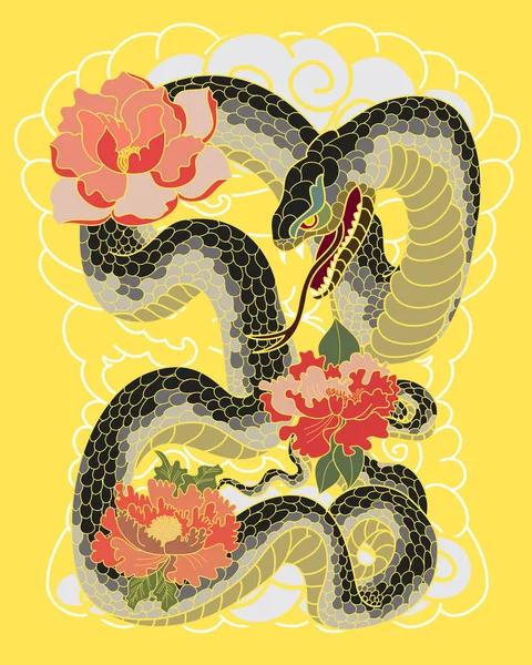 Cobras Coloridas Flores Desenho Tatuagem Ilustração Vetor Serpente Desenhado Mão — Vetor de Stock