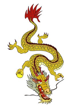 Japon kırmızı ejderha dövmesi. Çin Yeni Yılı için kırmızı zemin üzerinde ejderha. Altın Çin Ejderhası vektörü. Altın çizgili sanat kralı ejderhası dövmesi.