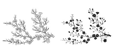 Serbest el Sakura çiçek vektörü seti, Güzel çizgi sanatı Şeftali çiçekleri beyaz arkaplanda izole edildi. Kiraz çiçeği illüstrasyon seti. Kartları birleştirmek ya da arkaplanda yazdırmak için unsur.. 