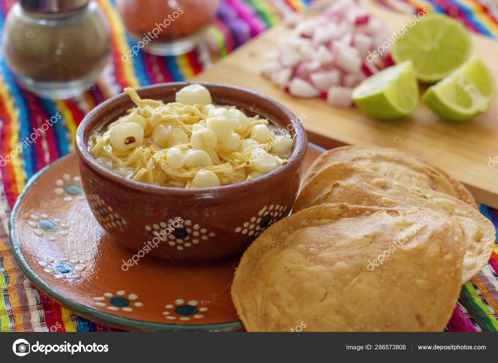 Mexican Cuisine Chicken Pozole Served Radishes Lemons Toast Chile Rbol