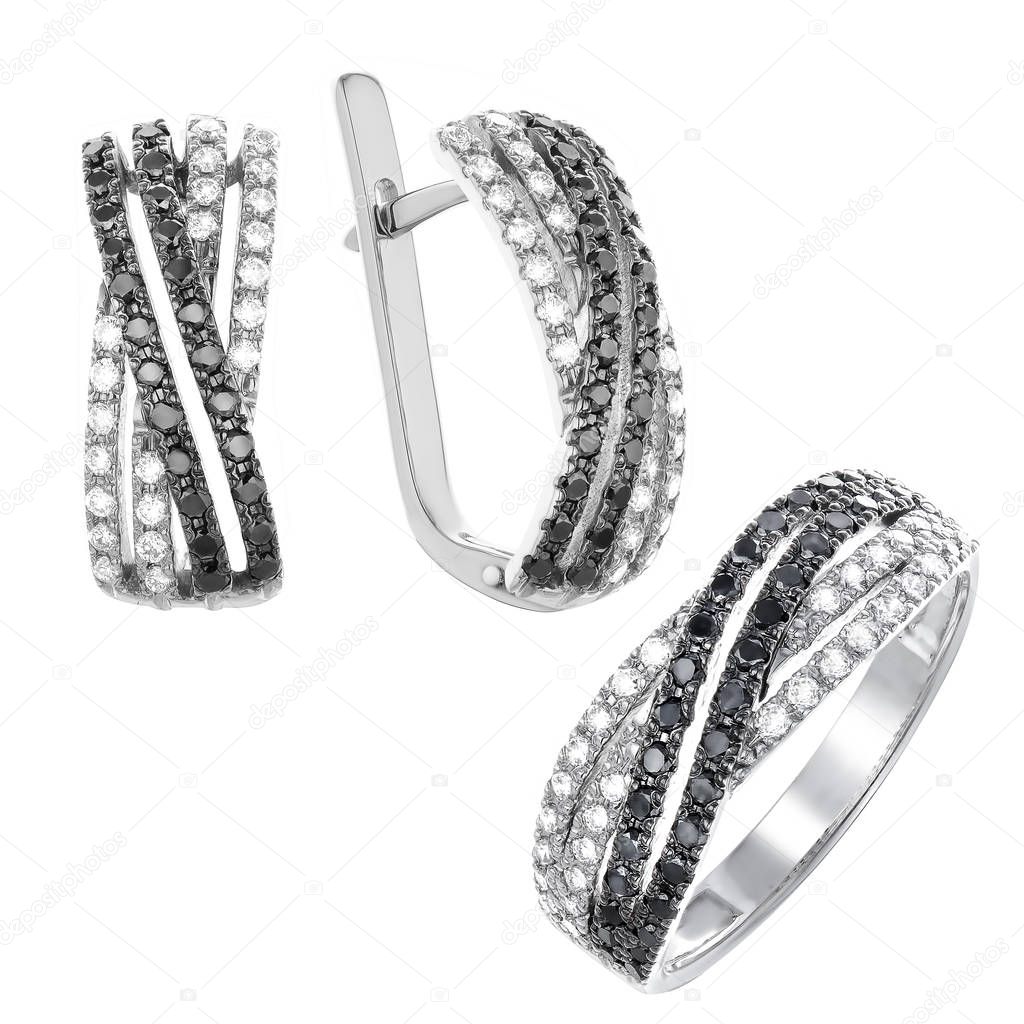 Ring and earrings in white gold with white and black diamonds