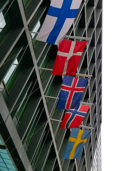 Banderas Países Escandinavos Fila Vistas Helsinki Finlandia —  Fotos de Stock