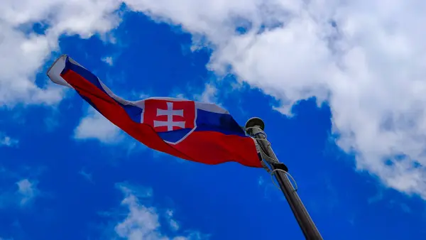 Slovak National Flag Flickering Cloudy Sky Background — Stock Photo, Image