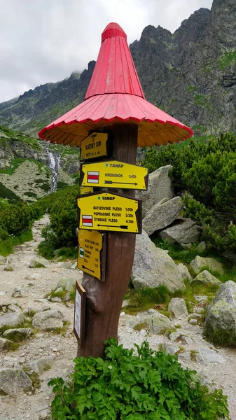 Typická Slovenská Značka Křižovatky Vzdáleností Ukazující Cestu Další Místo — Stock fotografie