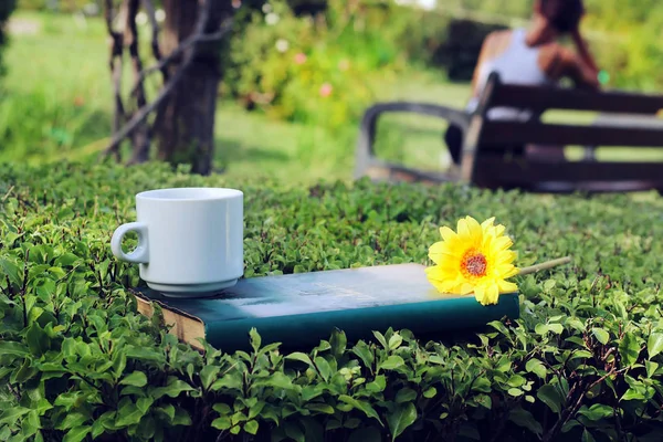 Cup of coffee, book and flower in the forest.