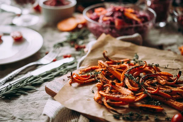 Roasted Carrot Autumn Winter Dinner Table Celebrating Christmas New Year — Stock Photo, Image