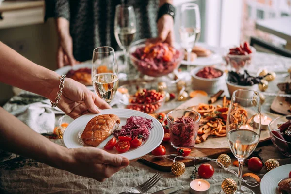 Healthy Modern Vegetable Dishes Roasted Turkey Duck Dinner Table Celebrating — Stock Photo, Image