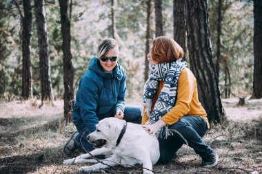 Ormanda yürürken bir köpek sarılma mutlu lezbiyen çift