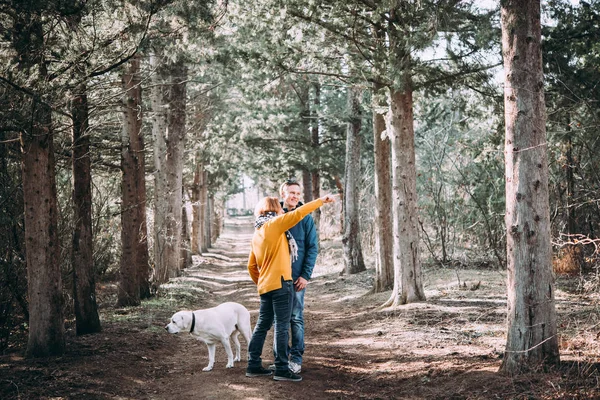 Happy Lesbian Couple Walking Forest Dog — Stock Photo, Image