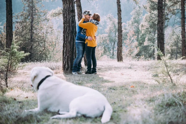 Glad Lesbisk Par Promenader Skogen Med Hund — Stockfoto