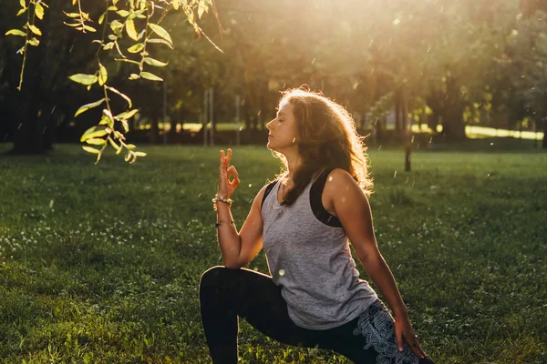Una Giovane Bella Donna Sta Meditando Praticando Yoga All Aperto — Foto Stock