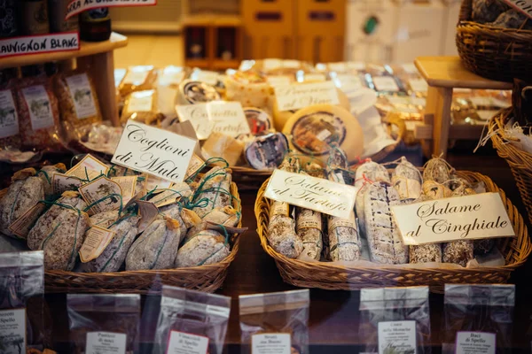 Spello Italy December 2017 Different Kinds Italian Sausage Sale Spello — Stock Photo, Image