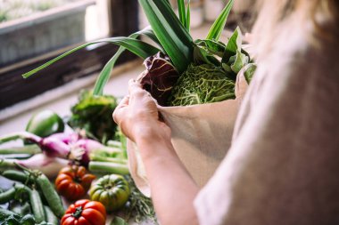 Market alışverişinden sonra bir torba taze sebze ve sebzeyi açıyorum. Sağlıklı yeme kavramı.