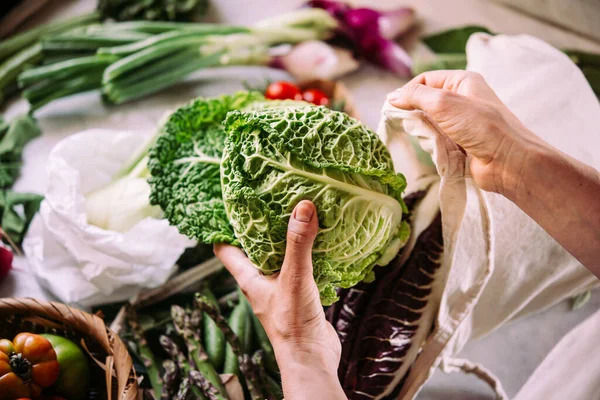 Unpacking Bag Fresh Vegetables Greens Grocery Shopping Healthy Eating Concept — Stock Photo, Image