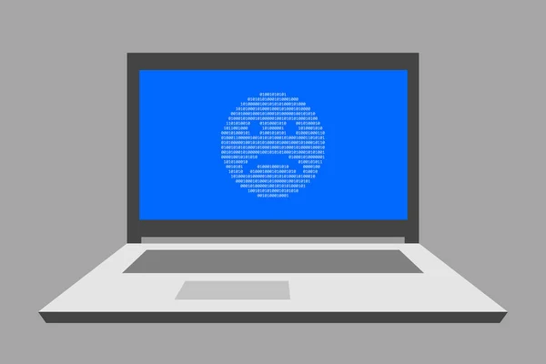 Open laptop, binary unhappy face on blue screen. System error. Maintenance and repair of computer