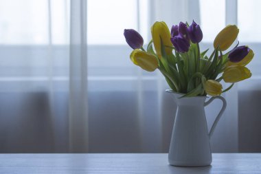 Sarı ve mor laleler pencereye karşı beyaz bir sürahi içinde. Taze lale, serin renkler bir buket