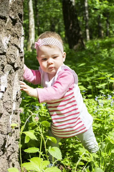Девочка гуляет в парке, учится ходить, держа ствол дерева. Дитя 10 месяцев, изучающее природу. Девушка в розовом полосатом платье с бантиком. Портрет девочки в полном росте — стоковое фото