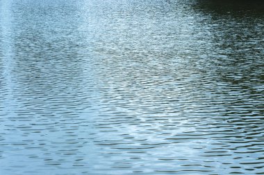 Akşam fotoğrafı, su dokusu, mavi koyu gölgeler. Göl göleti denizinin su yüzeyi. Rüzgardan gelen küçük dalgalar