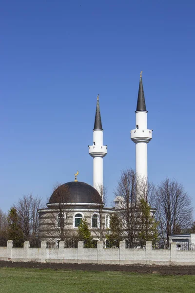 Müslüman camii tapınağı, Rusya 'nın Tatar köyündeki minarelerin bir arkadaşıyla birlikte beyaz bir cami. Güzel İslami cami — Stok fotoğraf