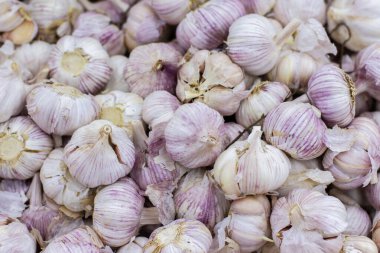 Kuru kabuklu, olgun, beyaz sarımsak. Baharatlı taze sarımsak, sağlıklı sebzeli sarımsak. Süpermarketteki bir kutuda büyük bir sarımsak yığını.