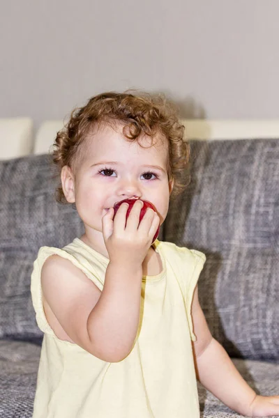 A göndör hajú kislány almát eszik. Egy gyermek portréja almával, örök mogyorószemekkel — Stock Fotó