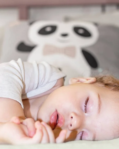 Gezicht van een klein meisje dat slaapt met een panda, verticaal portret. Baby meisje jongen Kaukasisch overdag slapen — Stockfoto