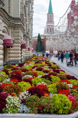 Moskova, Rusya - 24 Ağustos 2020: Kızıl Meydan, Nikolskaya Kulesi. Şehir caddesinin şenlikli dekorasyonu. Parlak çelenklerle aydınlatma. Bir sürü renkli bitki ve çiçek