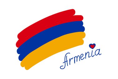 Ermenistan bayrağı, serbest yazı ile basit biçimlendirilmiş vektör illüstrasyonu. Ermenistan 'ın kırmızı mavi bayrağı, el çizimi ülke adı.