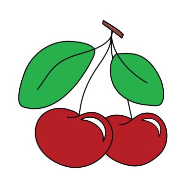 Koyu çizgili el çiziminde iki kırmızı kiraz. Çifte kiraz, iki yeşil yaprak ve bir kiraz ağacı dalı. Vektör illüstrasyonu beyazda izole edildi