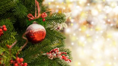 Bir Noel ağacının dalında asılı duran karlı kırmızı top. Noel broşürleri için arka plan afiş tasarımı, kopyalama alanı. Shimmer Noel arkaplanı