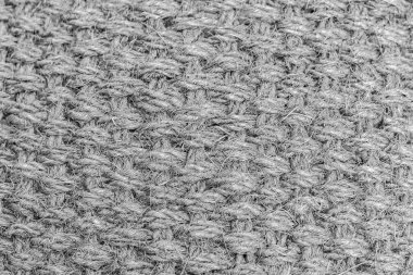 Jüt liflerinden örülmüş kumaş dokusu, tasarım için siyah-beyaz arka plan etkisi. Doğal lif, jüt iplik, tarım için kaba çuval bezi dokusu.