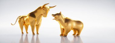 Goldener Bulle und Baer im düşük Poli Stil vor dunklem Hintergrund