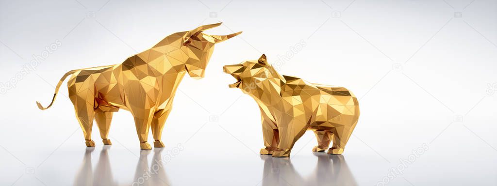 Goldener Bulle und Baer im low Poly Style vor hellem Hintergrund