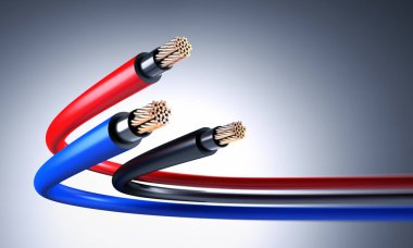 Gruppe mit 3 farbigen Hitech Kupferkabeln im Bogen