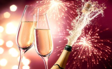 2 Glaeser beim Anstossen mit Champagner-Splash und Feuerwerk