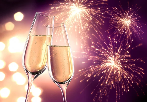 Champagnerglaeser vor violettem Hintergrund mit Feuerwerk