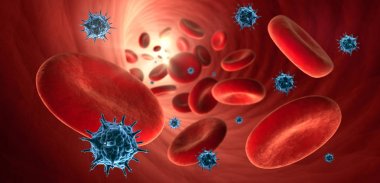 Kırmızı kan hücreleri ve virüs - 3d illüstrasyon