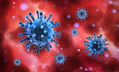 Virus in einer Gruppe vor roten Zellen im Hintergrund - 3D Illustration
