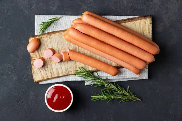 Raw Frankfurter Sausages Ketchup Cutting Board Top View — Stock Photo, Image