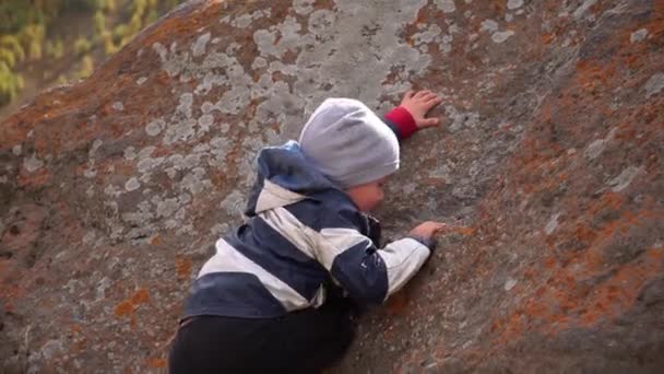 Niño Trata Subir Una Roca — Vídeo de stock