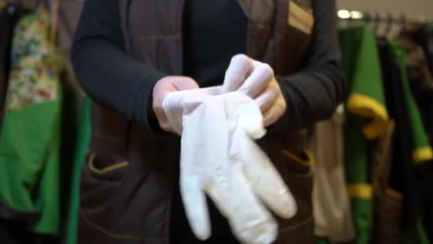 Human Hands Wear Rubber Gloves — Stock Video