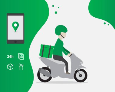 Teslimat hizmeti karikatür illüstrasyon, Grab gıda, ulaşım sipariş, Şablon, Web afiş, Mobil uygulama, Facebook reklamları, Gıda online, Uygulama üzerinden Sipariş, Hızlı teslimat kavramı