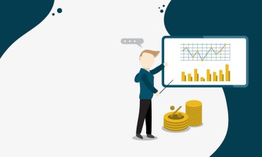 İş finansmanı, Çalışma Ofisi, Gelirleri sunma projesi, grafik, yukarı ve aşağı, para birimi döviz kuru, vektör illüstrasyonu, monitörde grafikler, web pankartı için bilgi
