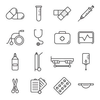 Simge hastanesi, medikal aletler, hat ikonları, ana hatlar sembol koleksiyonu, doktor, hastane yatağı, hemşire, serum, oksijen tüpü, tekerlekli sandalye.