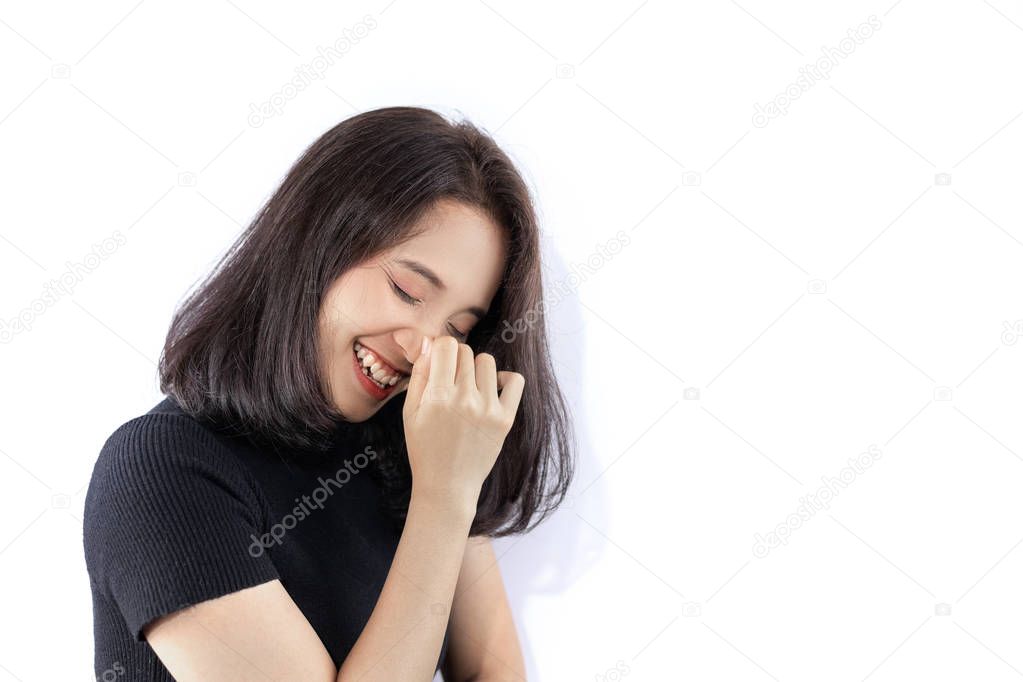 Short haired girl Wearing a black T-shirt Laughing joyfully on the White Blackground