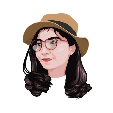 Sevimli ve parlak bakmak için oluşturulan bir kadın karakterin Baş görüntü, o açık kahverengi kenarlı şapka ve gözlük giyen koyu kahverengi saçlı, o bir tombul yüzü vardır. - Vektör