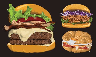 Siyah üzerine izole burger ve sandviç vektör seti - Vektör