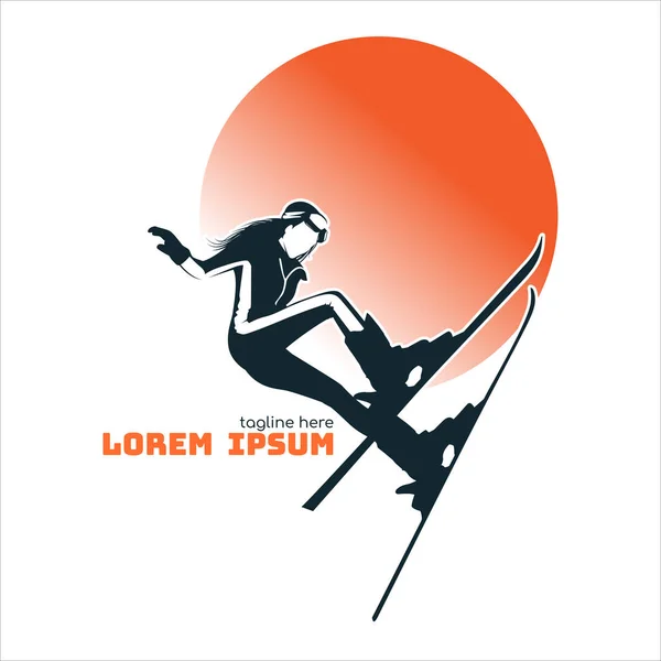 Kadın logosu kayak yapıyor. Macera ve macera kavramı altında