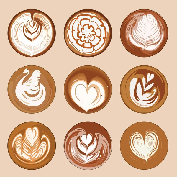Sada Nákresu Latte Art Ilustrace Zobrazení Latte Art Top Oblíbený — Stockový vektor