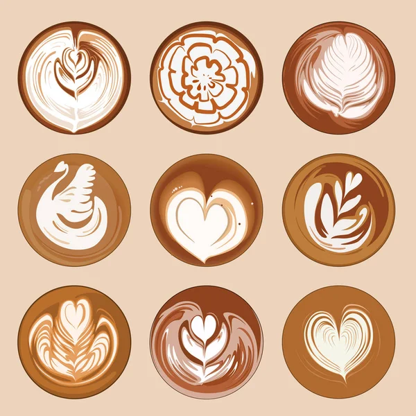Latte sanat kahve vektör seti, latte sanat üst görünümü İllüstrasyon, latte popüler tarzı